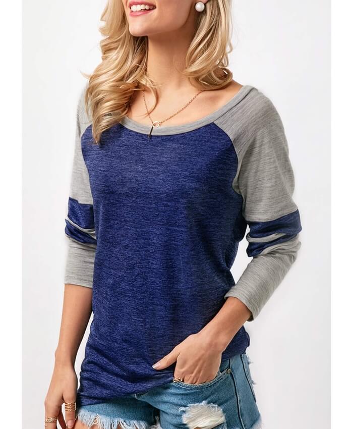 Blue Long Sleeve Round Neck Patchwork T Shirt